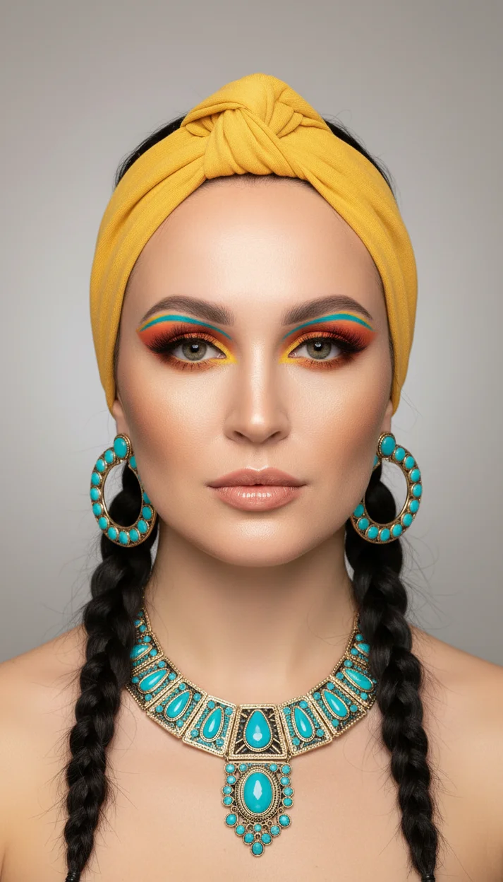 ЯРКИЙ БЬЮТИ-МАКИЯЖ С ТРОЙНЫМИ ГРАФИЧЕСКИМИ СТРЕЛКАМИ И ЖЁЛТОЙ ПОВЯЗКОЙ