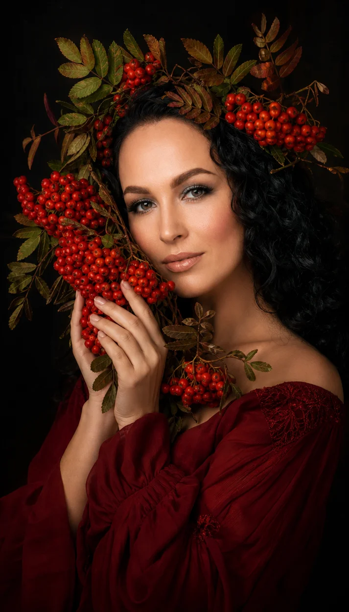 Фотосессия девушки в красном платье на тёмном фоне с рябиной