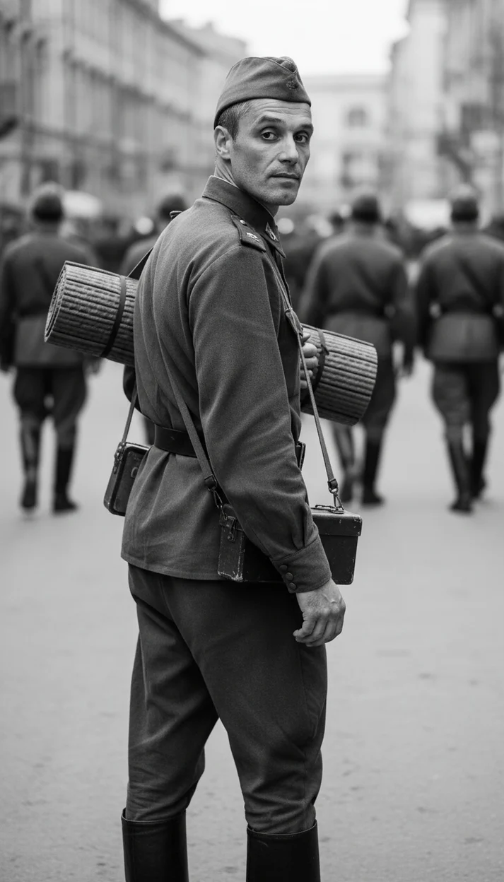  Мужчина в военной форме с инструментом через плечо 