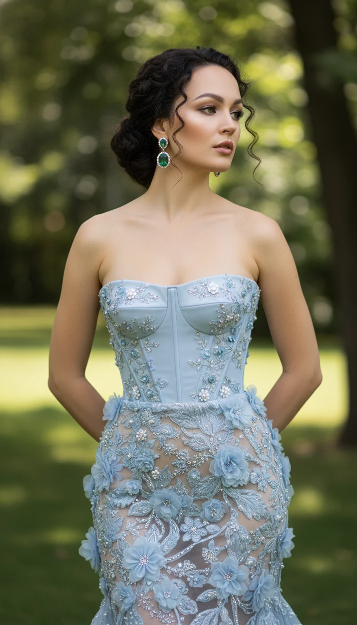  Нежное голубое кутюр-платье в саду — fashion портрет