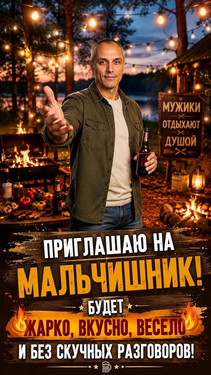 Фотооткрытка на природе с текстом «Приглашаю на мальчишник! Будет жарко, вкусно, весело и без скучных разговоров!»