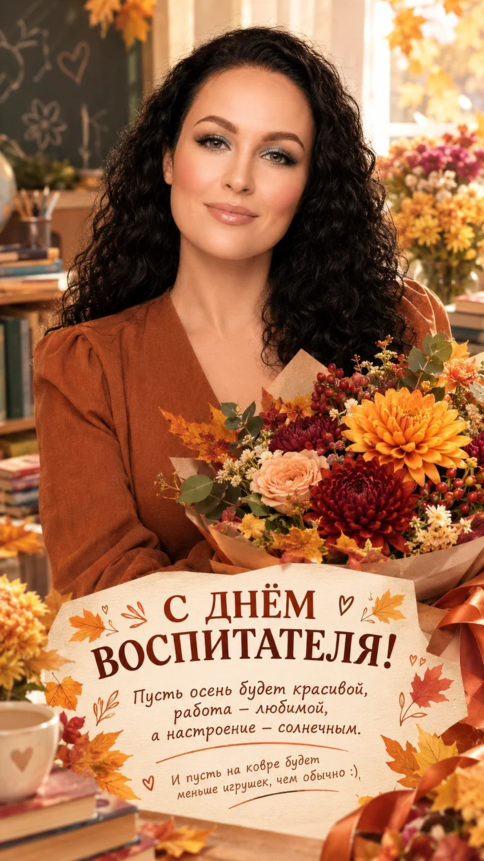 Фотосессия воспитательница в осеннем платье с пышным букетом на фоне хризантем и листьев — тёплая осенняя открытка «С ДНЁМ ВОСПИТАТЕЛЯ!
