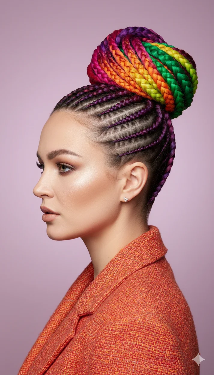 Высокий плетёный пучок с радужным градиентом