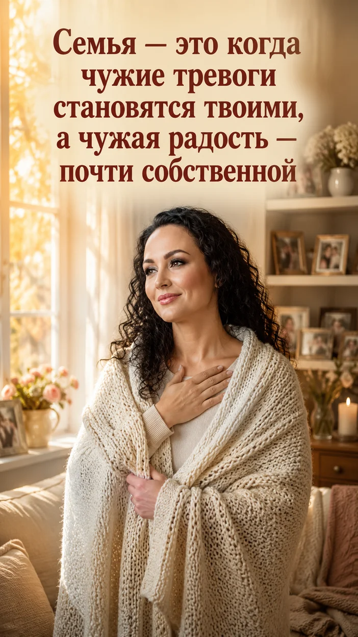 Фотооткрытка для семьи с текстом "Семья — это когда чужие тревоги становятся твоими, а чужая радость — почти собственной"