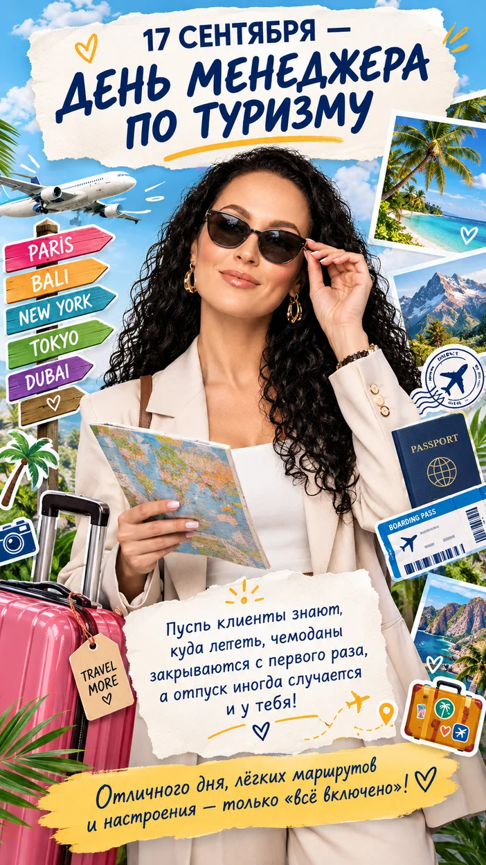 Фотосессия открытка к 17 сентября День менеджера по туризму — уличный путешественник с чемоданом и картой в модном костюме