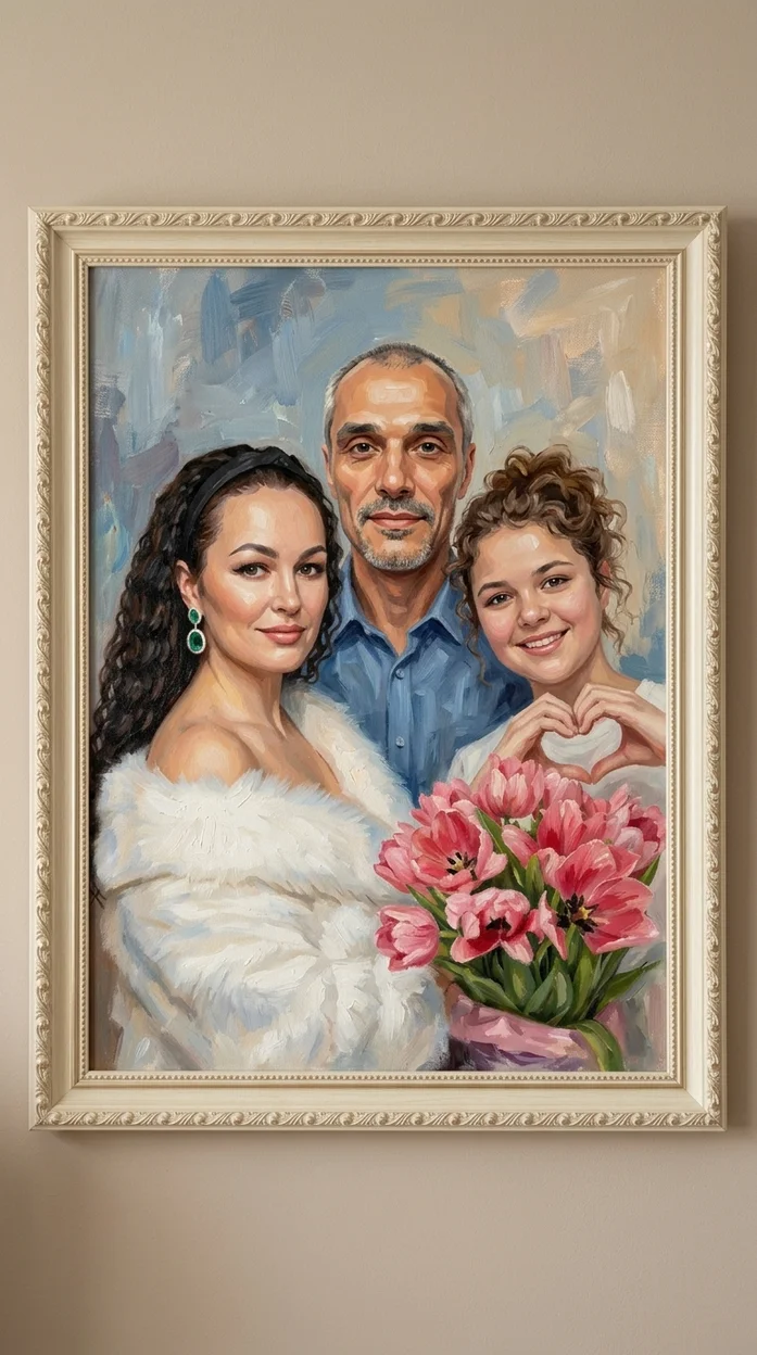 Семейный портрет в стиле масляной живописи на холсте в интерьерной раме