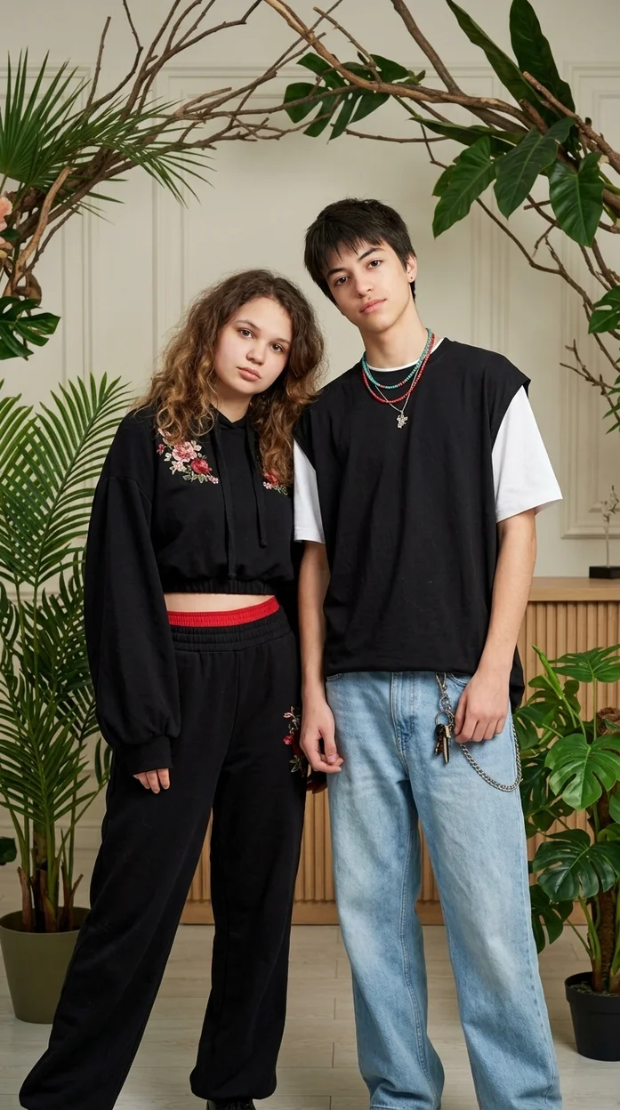 Брат и сестра в студии в чёрных streetwear