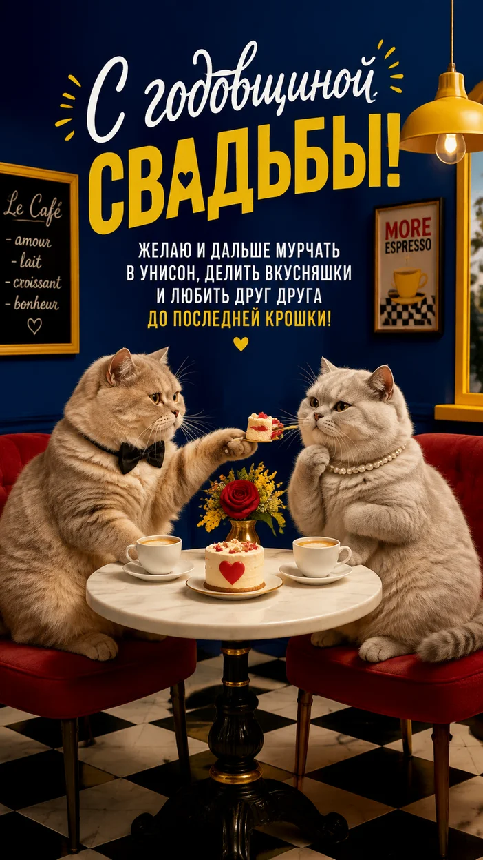 Фотосессия юмористическая открытка с годовщиной свадьбы — два стильных пухлых кота в кафе