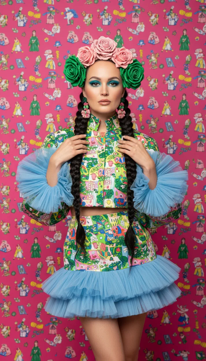 Замена прически - Девушка в ярком графичном костюме с крупным цветочным головным украшением 