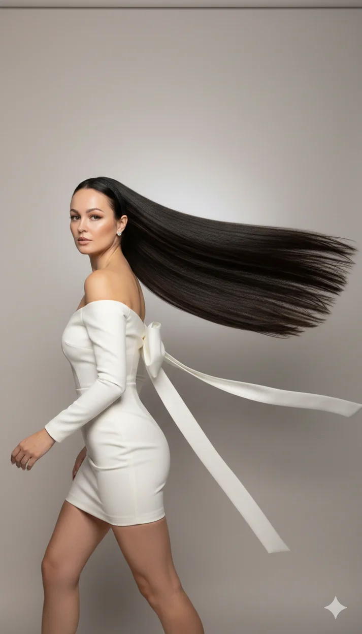 Прическа - эффект движения — волосы вытянуты горизонтально, как в лёгком воздушном потоке. 