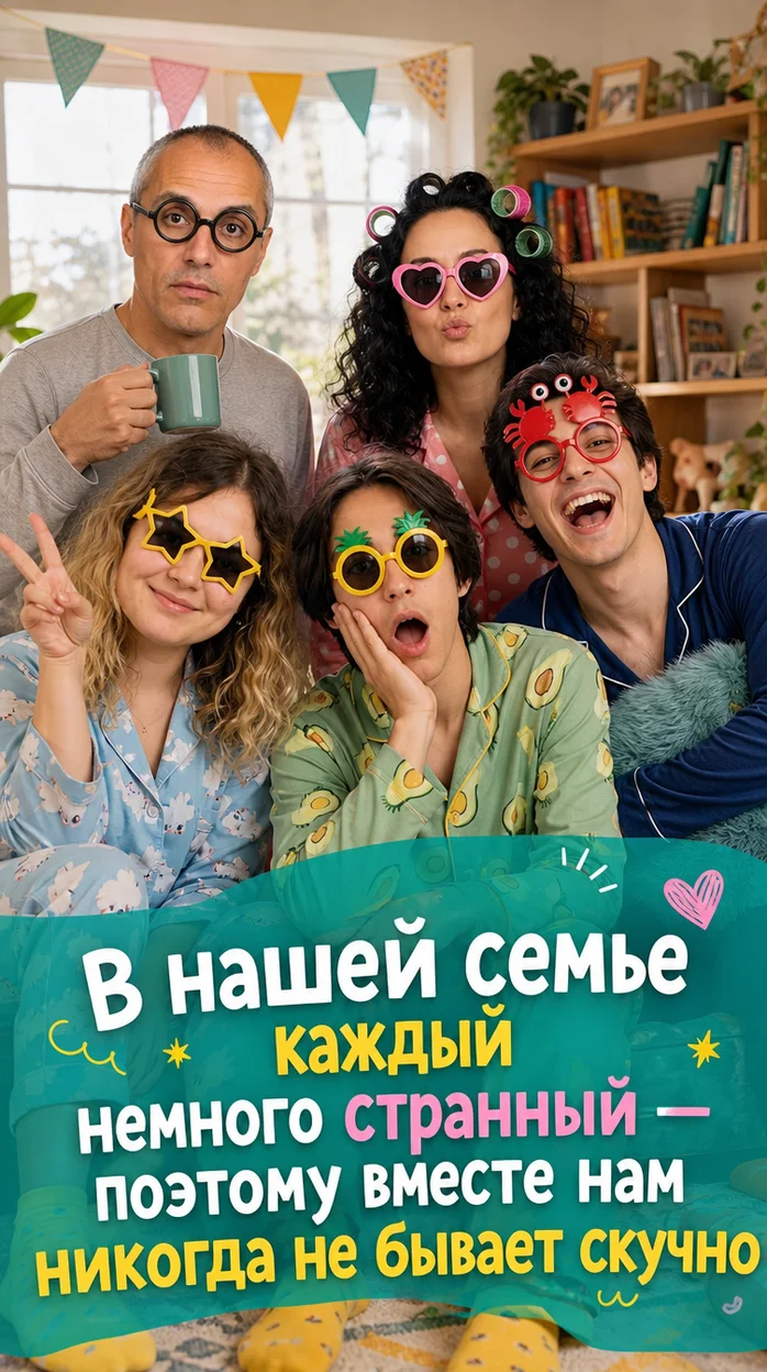 Фотооткрытка для семьи с поздравлением "В нашей семье каждый немного странный — поэтому вместе нам никогда не бывает скучно"