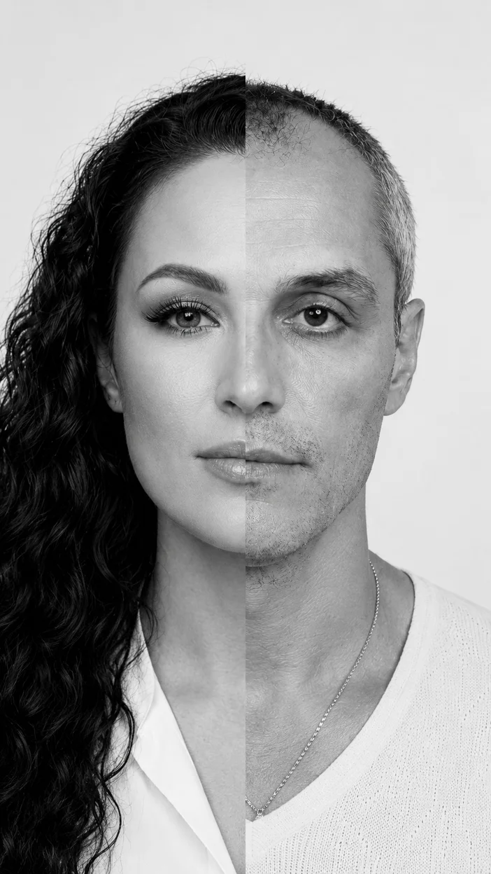 Фотосессия чёрно-белый студийный фотореалистичный портрет-«половины лиц» двух взрослых строго по центру