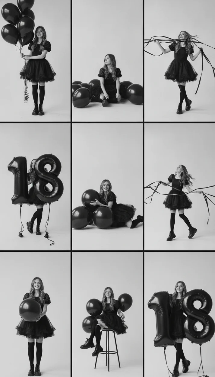  Фотосессия на 18 лет с чёрными шарами в фотоколлаже