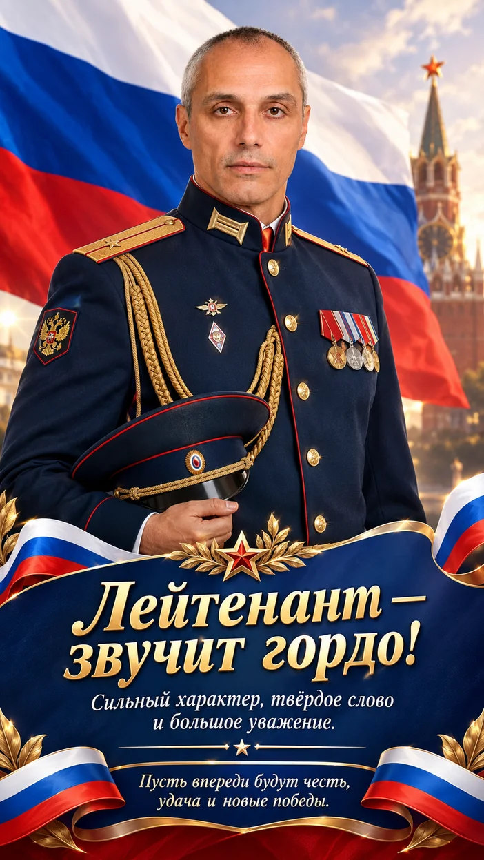 Фотосессия лейтенант в парадной форме на фоне большого триколора — торжественная открытка «Лейтенант — звучит гордо!
