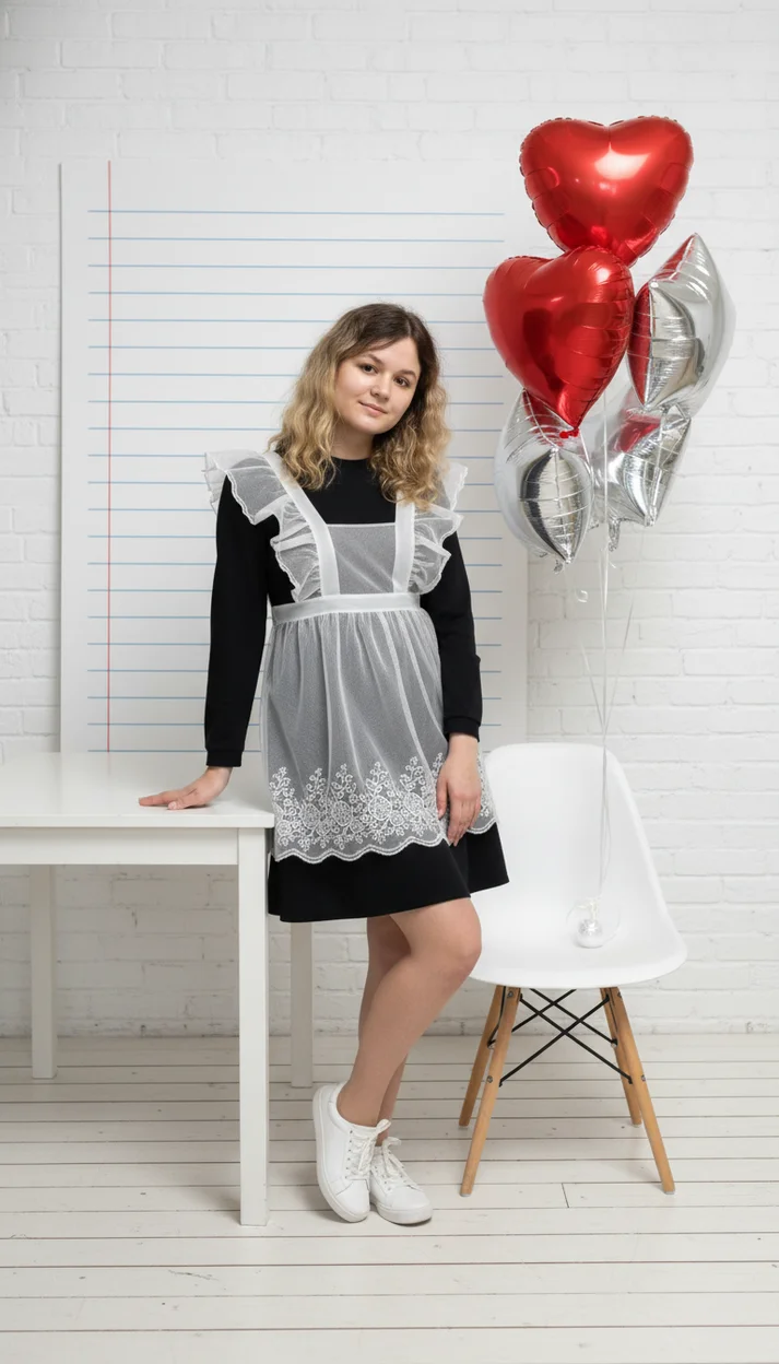  Девушка у большой тетрадной доски в школьной форме