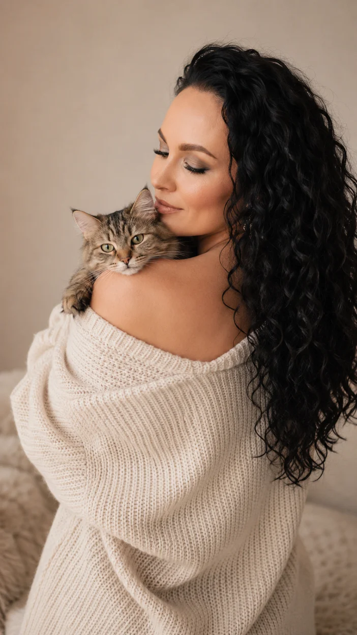 Фотосессия уютная со спины с кошкой на плече