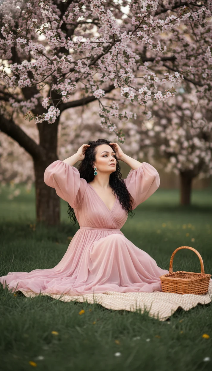 Девушка в розовом платье под цветущим деревом