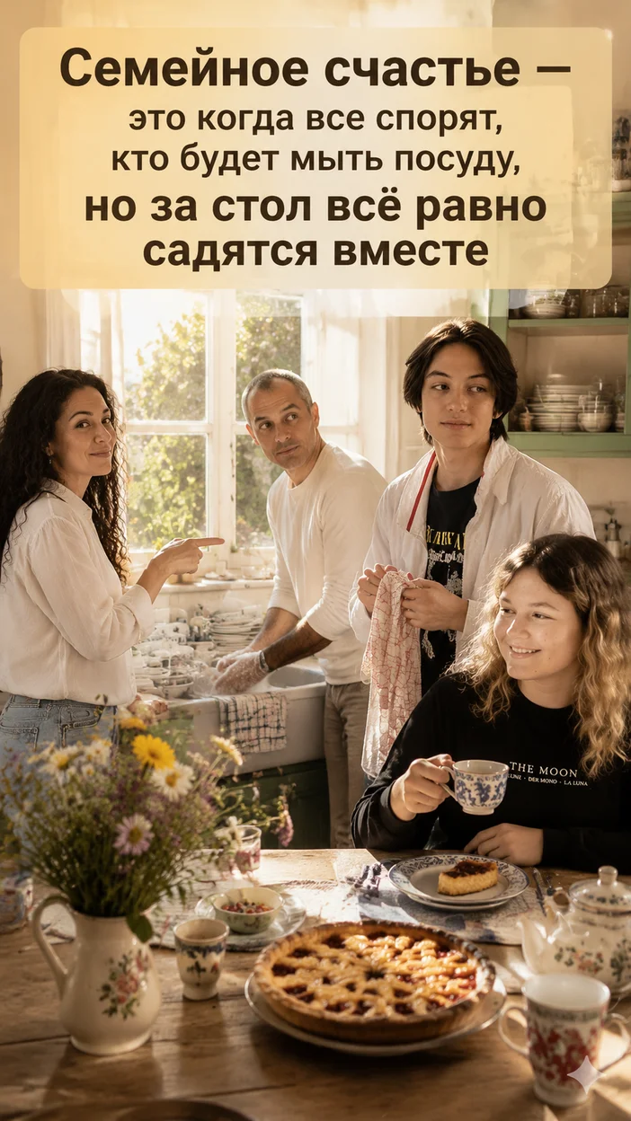 Фотооткрытка для семьи с поздравлением "Семейное счастье — это когда все спорят, кто будет мыть посуду, но за стол всё равно садятся вместе"