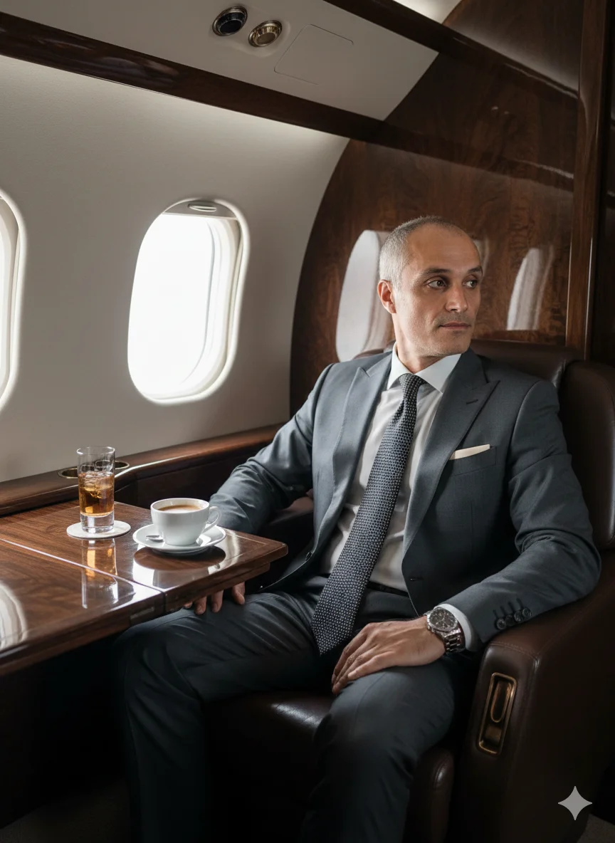 Мужчина в тёмном костюме сидит у иллюминатора частного самолёта с кофе