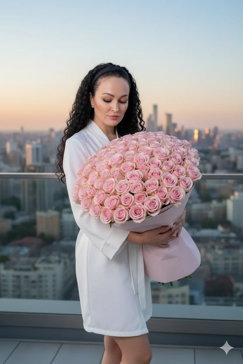 Женщина в белом халате стоит на террасе с огромным букетом роз на фоне вечернего города