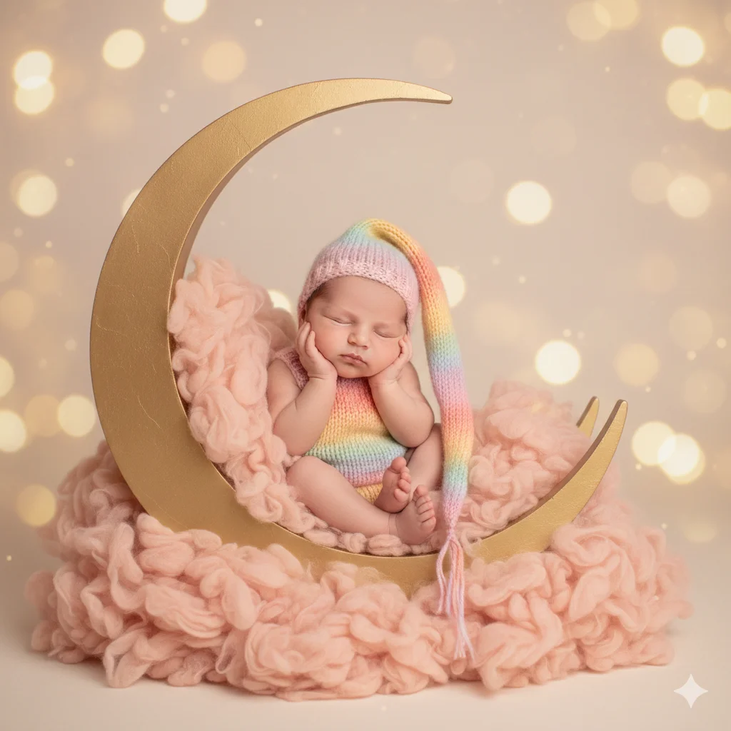 Малыш расположен внутри декоративного золотого месяца-полумесяца