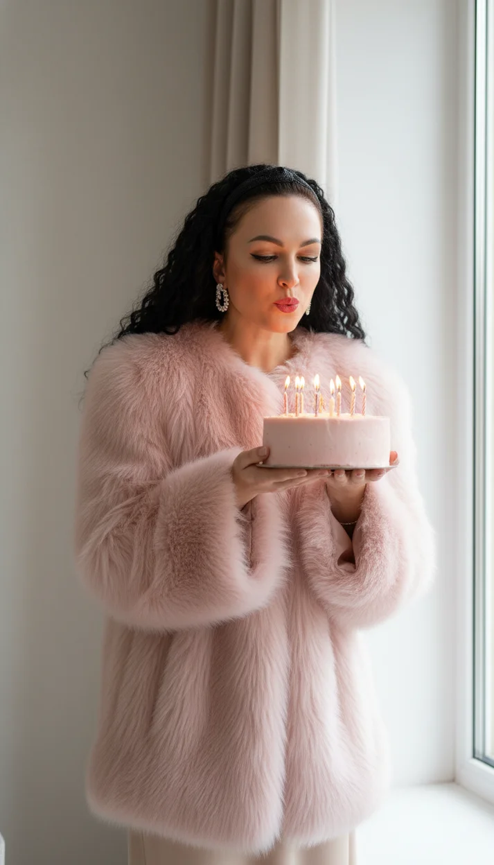  Девушка в розовой пушистой шубе задувает свечи на торте у окна в светлом интерьере