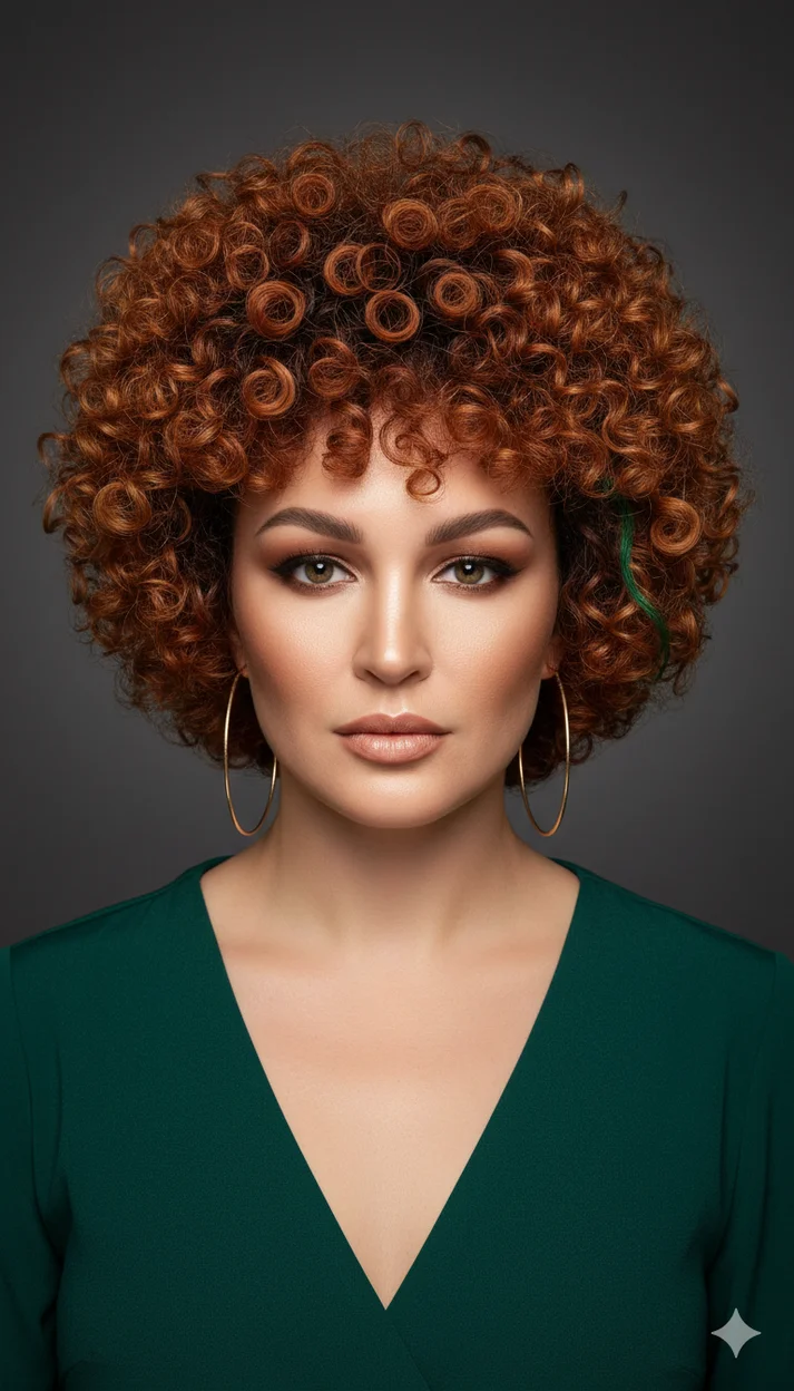 Объёмное медно-красное афро с карамельными бликами