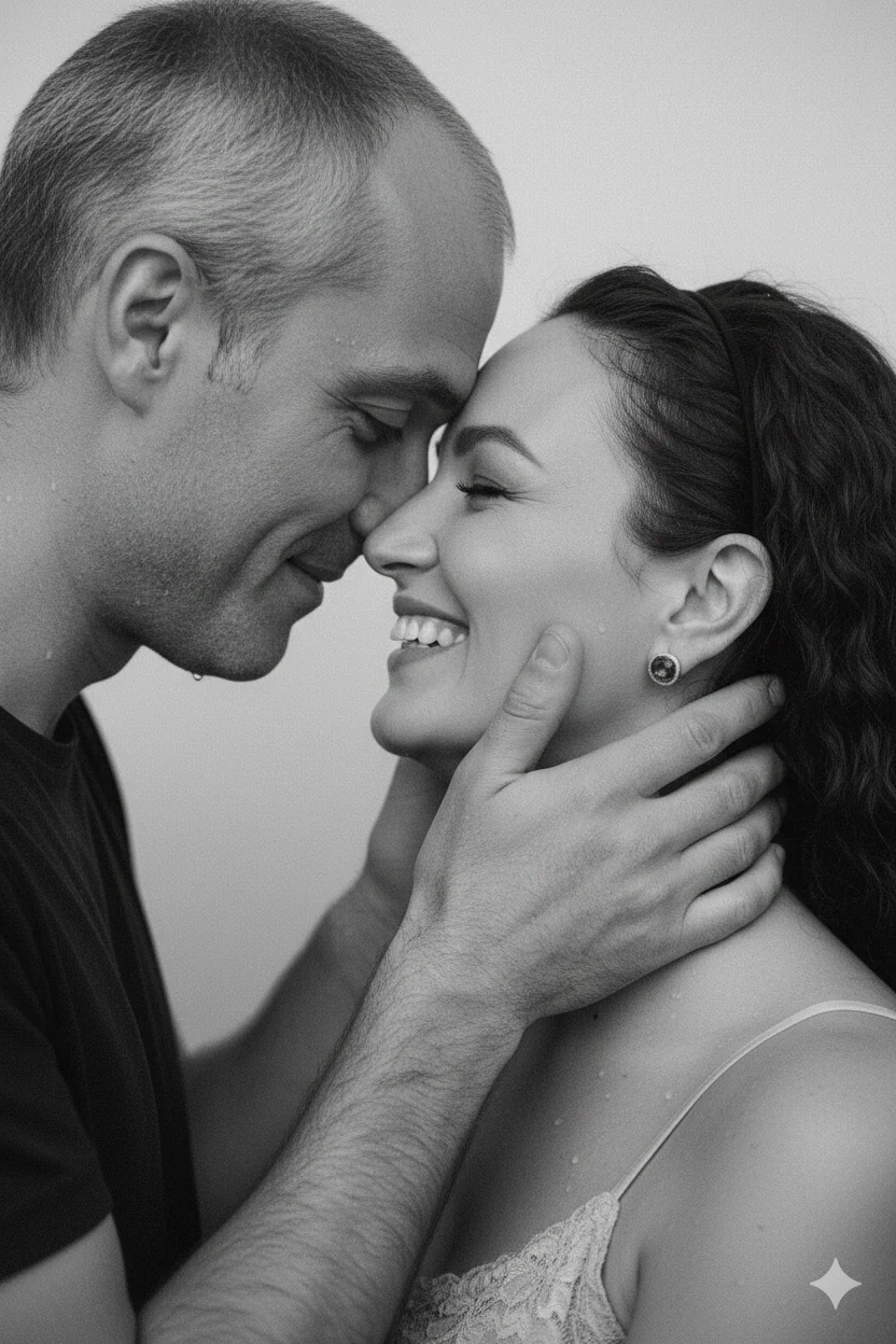 Мужчина нежно держит лицо женщины обеими руками