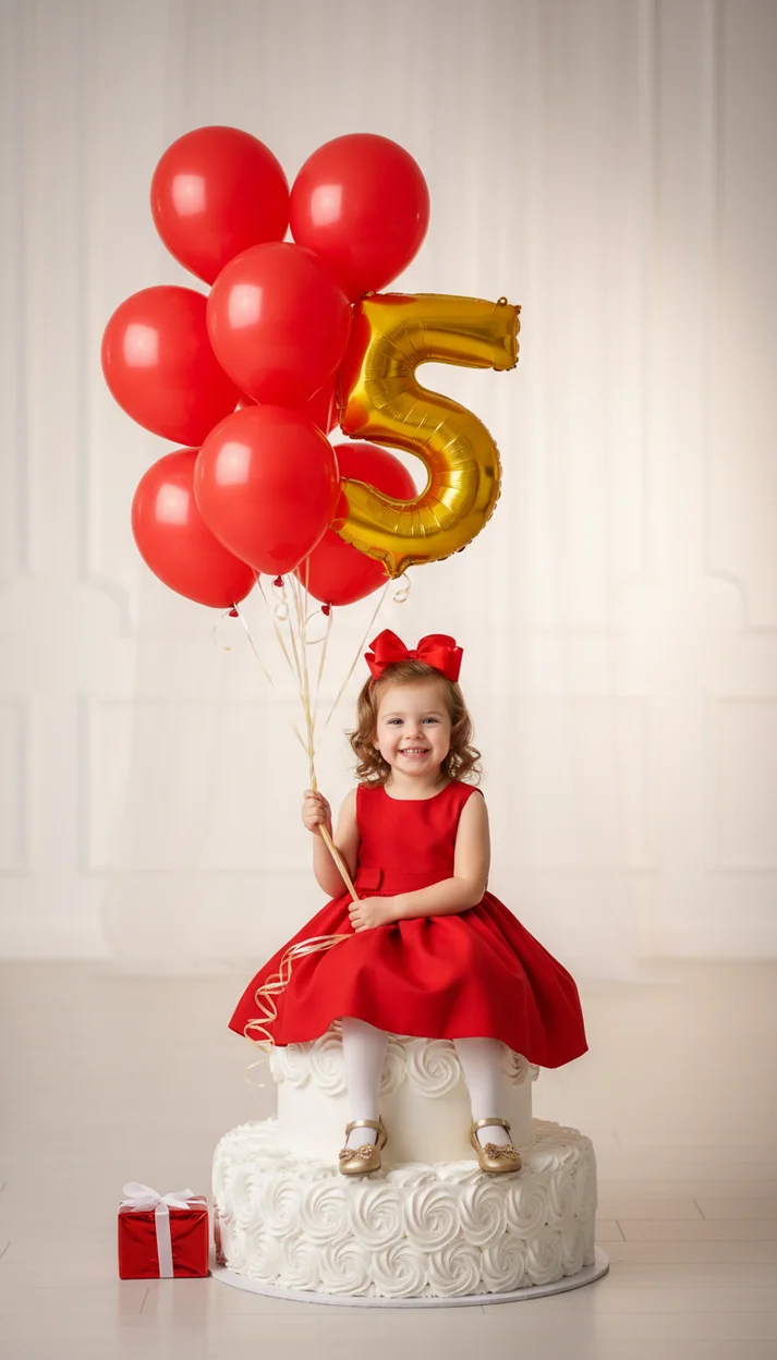  Фотосессия девочки на 5 лет в красном платье с шарами и цифрой 5