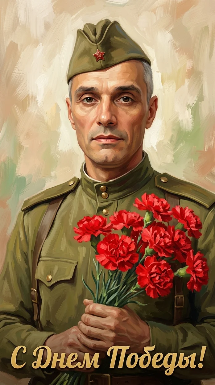 Портрет ветерана с гвоздиками «С Днём Победы»