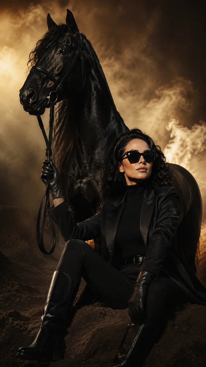 Фотосессия в total black с чёрной лошадью