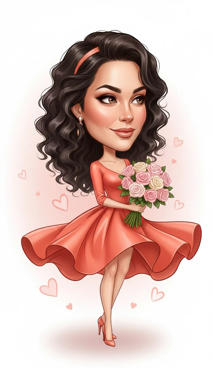 Шарж Романтичная женщина в ярком элегантном платье 