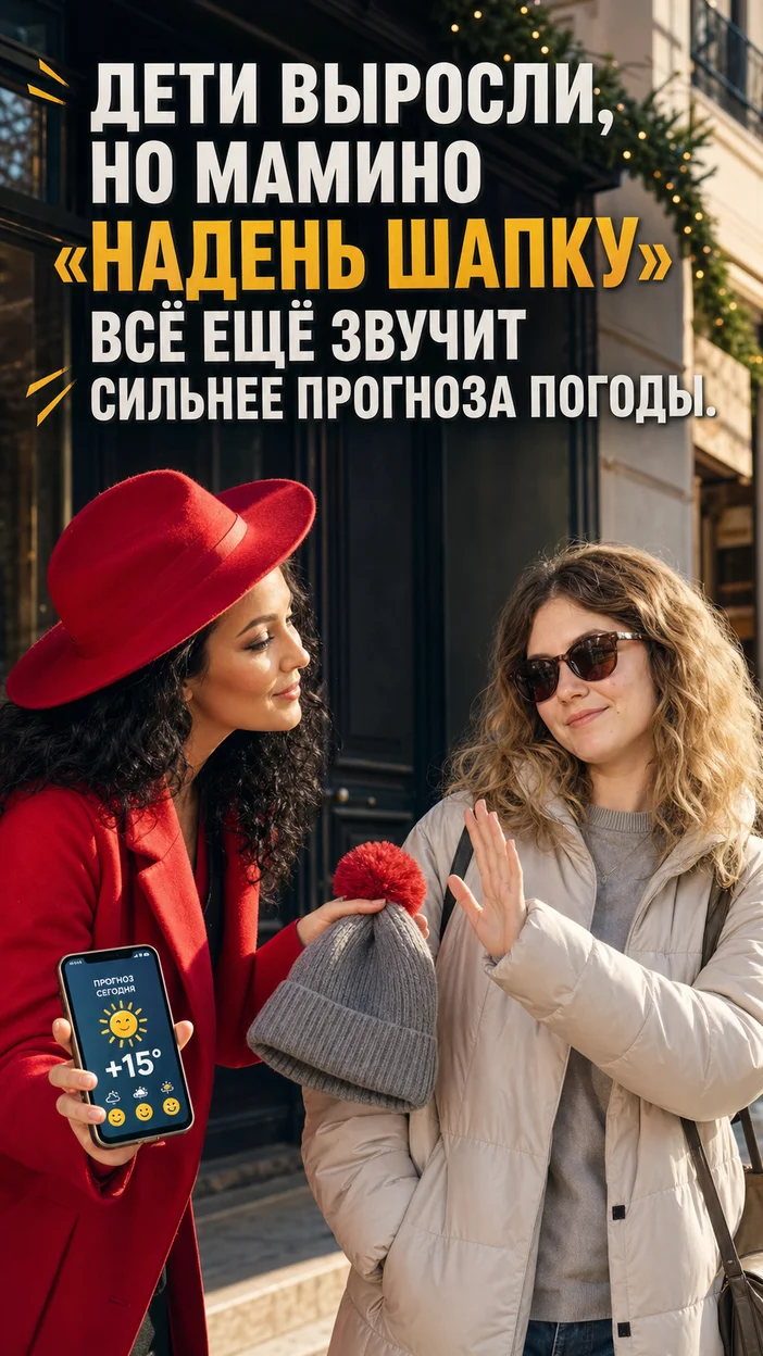 Фотооткрытка для мамы с текстом "Дети выросли, но мамино „надень шапку“ всё ещё звучит сильнее прогноза погоды."