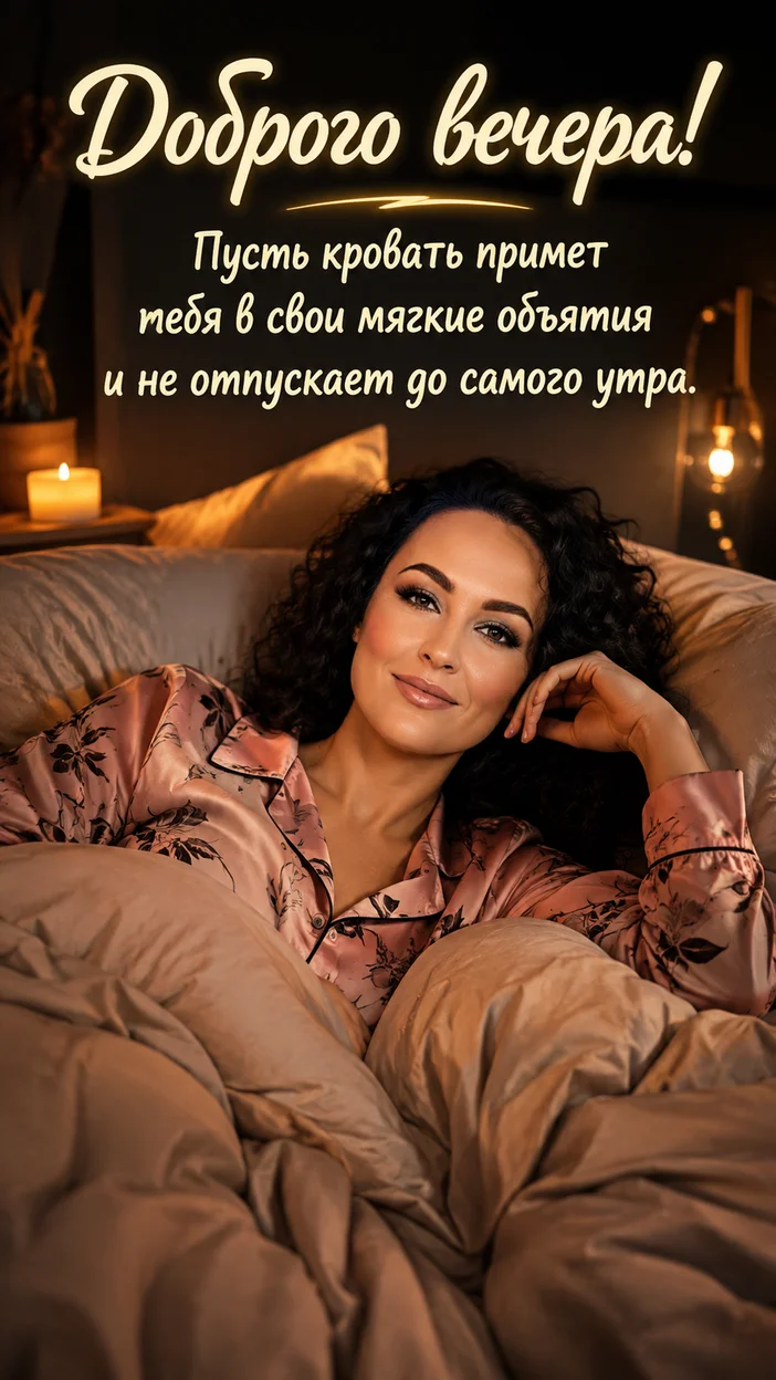 Фотооткрытка для всех с пожеланием "Доброго вечера! Пусть кровать примет тебя в свои мягкие объятия и не отпускает до самого утра."