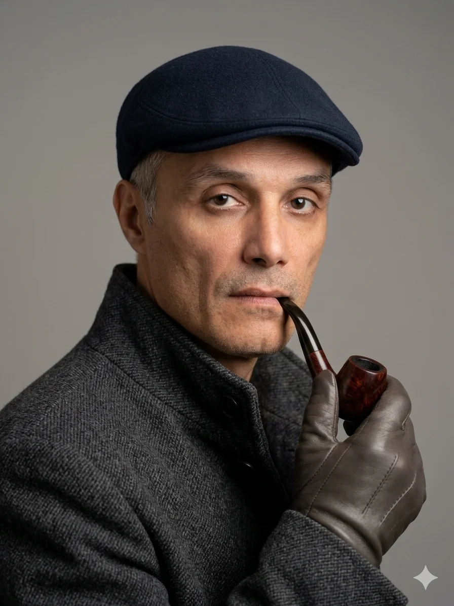 Мужчина в тёмном пальто и кепке с трубкой