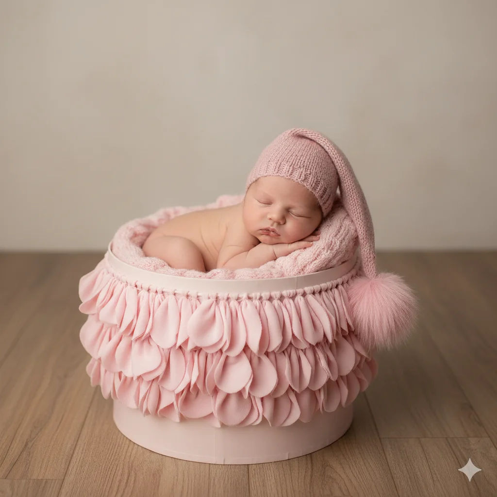 Малыш в розовой шапочке спит в подарочной коробке