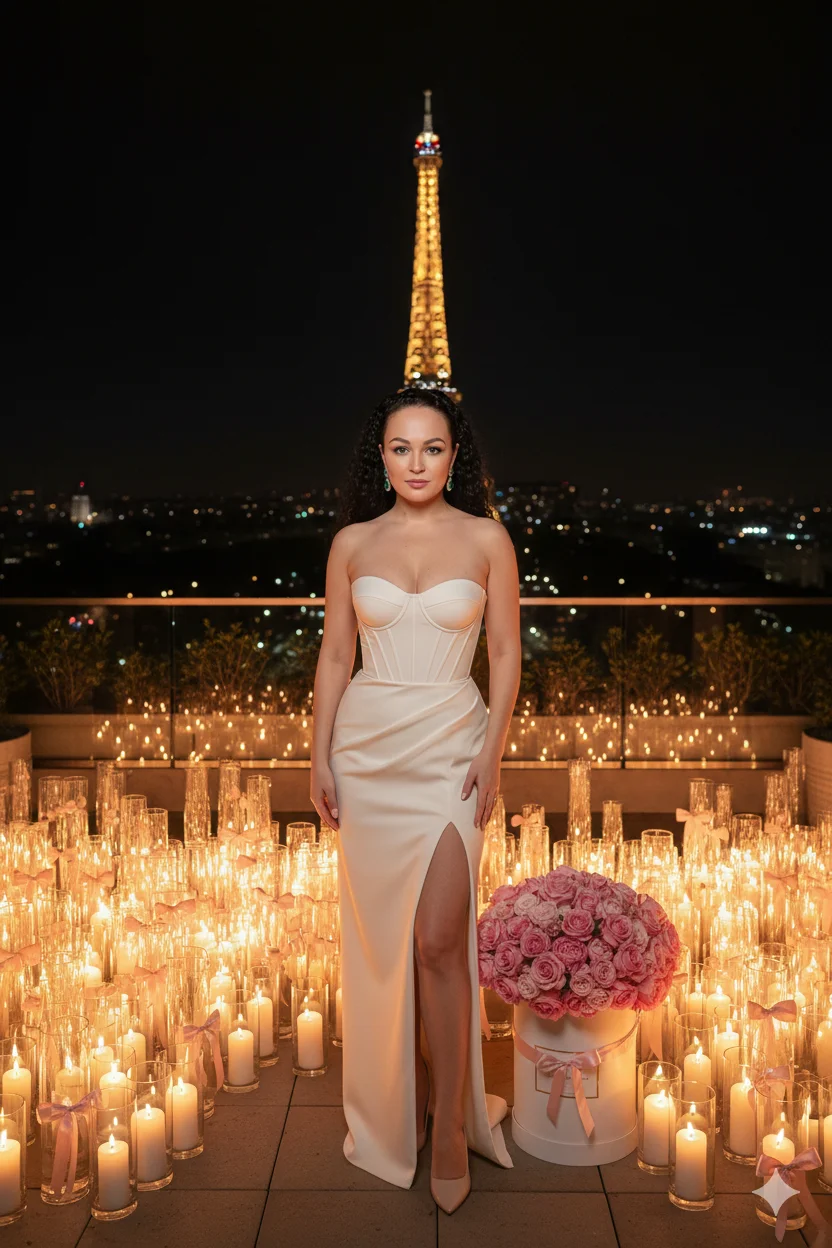 Женщина на ночной террасе с видом на Эйфелеву башню в светлом платье