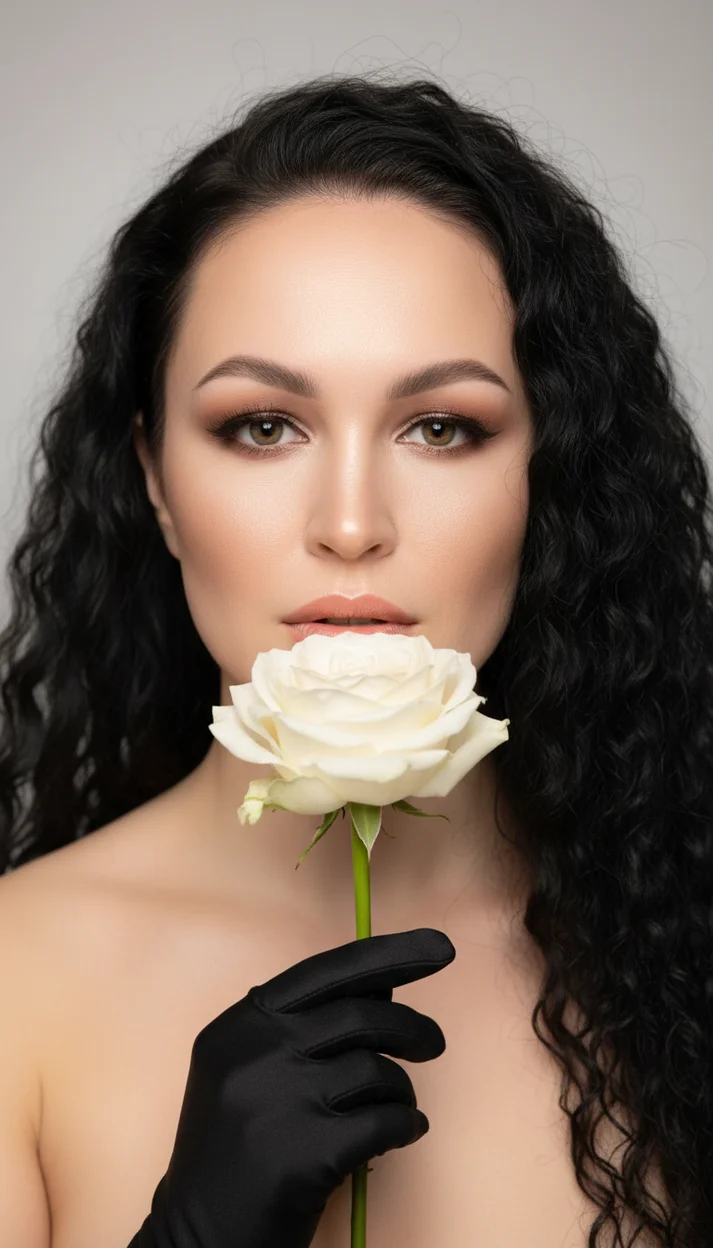  Девушка с белой розой у лица крупный портрет
