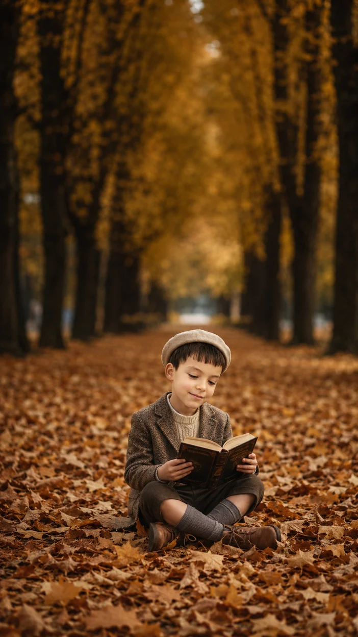 Фотосессия ребёнка с книгой на аллее