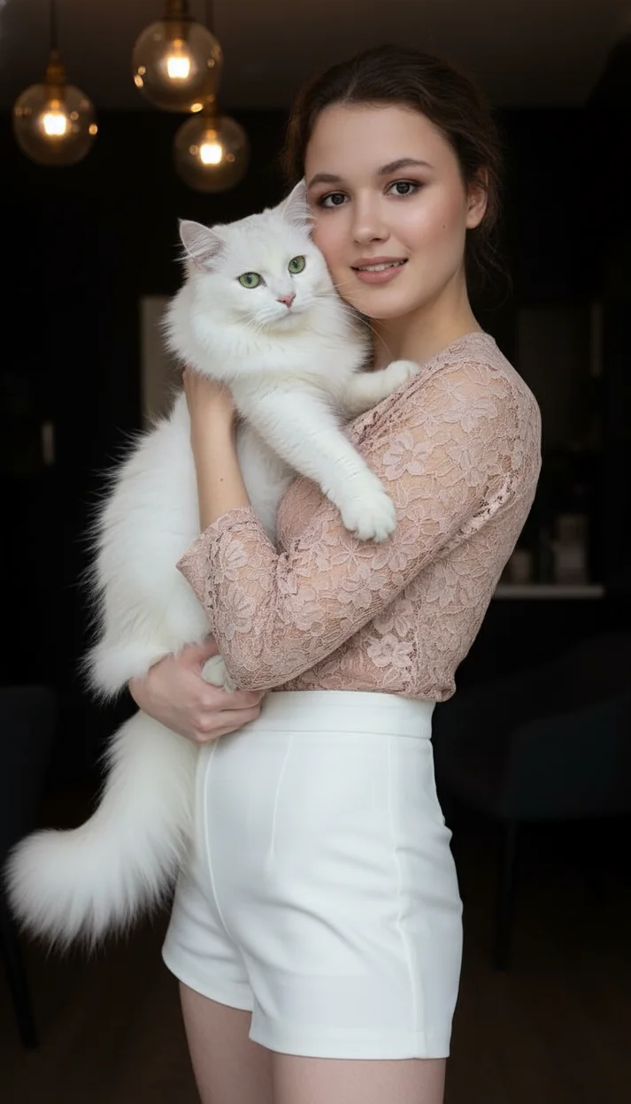 Девушка в интерьере с тёплым светом в кружевной блузке держит белого кота у лица полуоборот спокойный взгляд