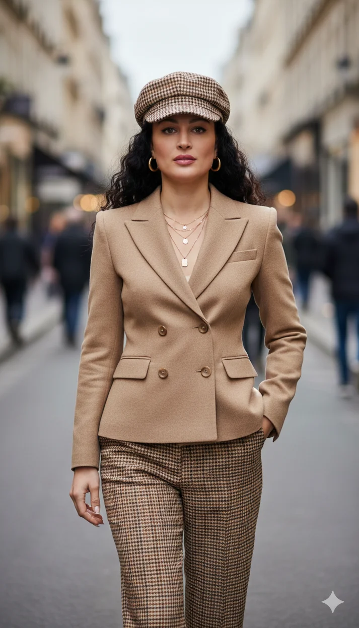 Ретро-городская fashion-съёмка: женщина в бежевом жакете и клетчатом костюме с кепи на улице города
