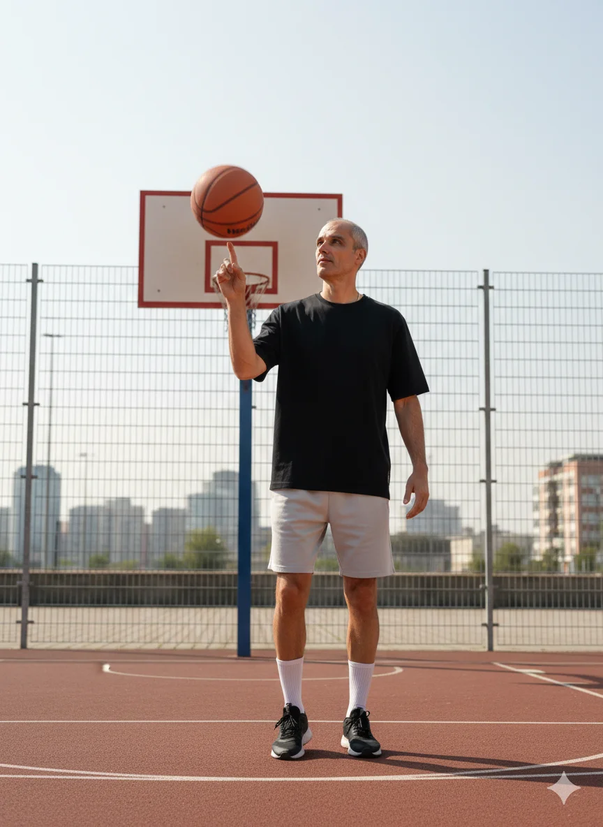 Мужчина на уличной баскетбольной площадке в чёрной футболке вращает мяч на пальце