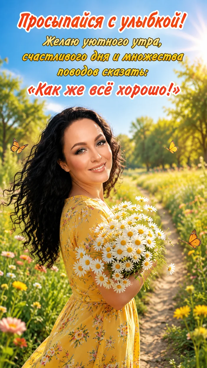 Фотооткрытка для тебя с пожеланием "Просыпайся с улыбкой! Желаю уютного утра, счастливого дня и множества поводов сказать: «Как же всё хорошо!»"