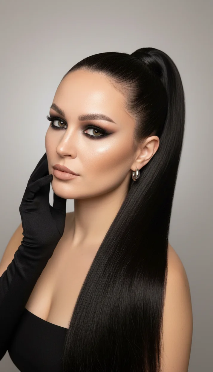 Замена прически -  Гладкий высокий хвост с ультра-глянцевой укладкой и идеальной геометрией 