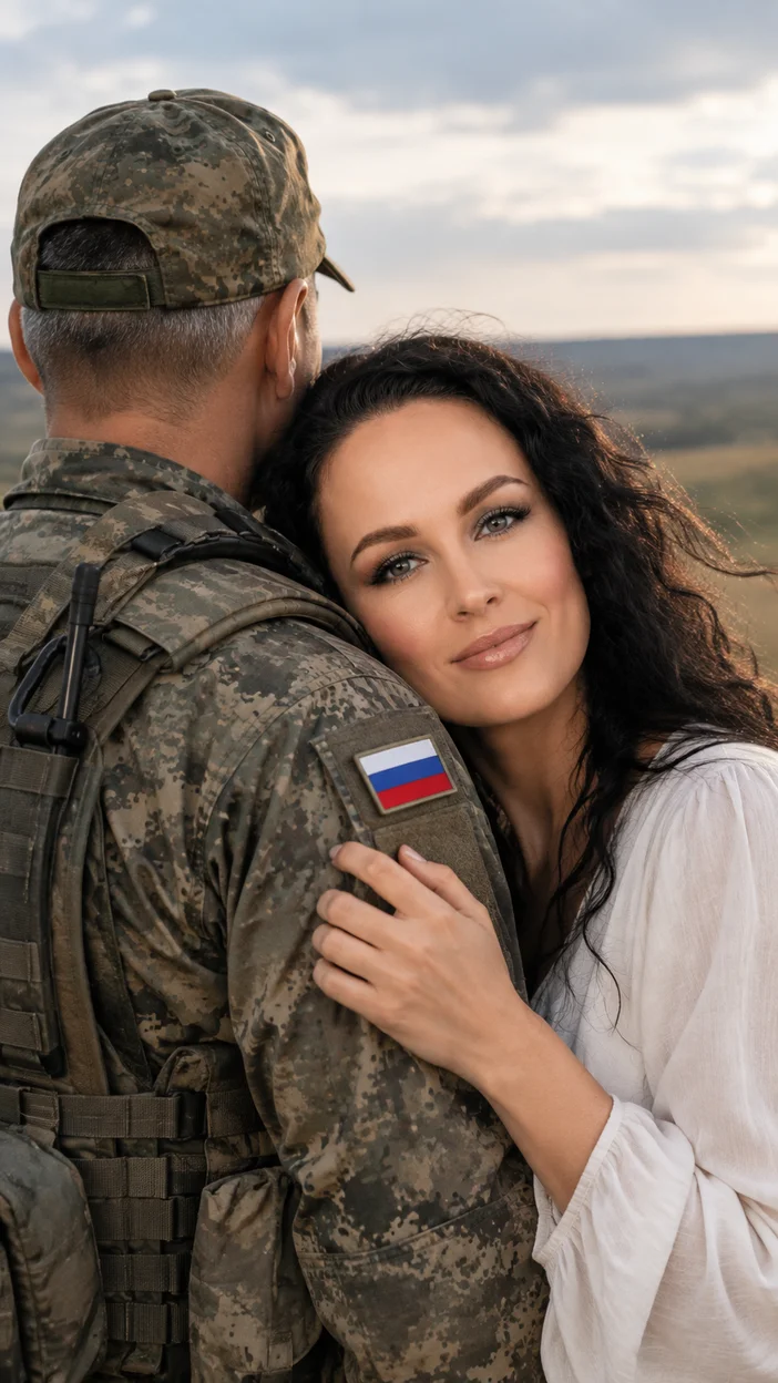 Фотосессия на природе: мужчина в русской форме спиной и женщина в лёгком образе, нежность на плече