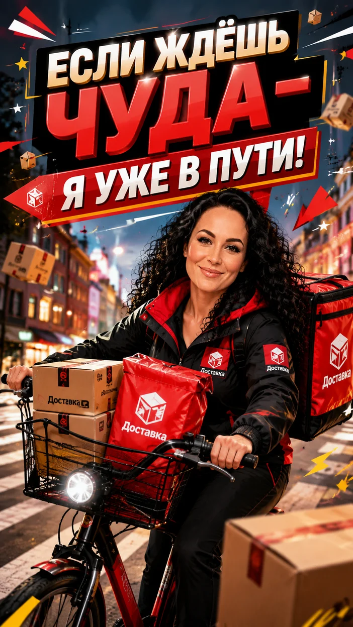 Фотооткрытка курьерше с текстом "ЕСЛИ ЖДЁШЬ ЧУДА — Я УЖЕ В ПУТИ!"
