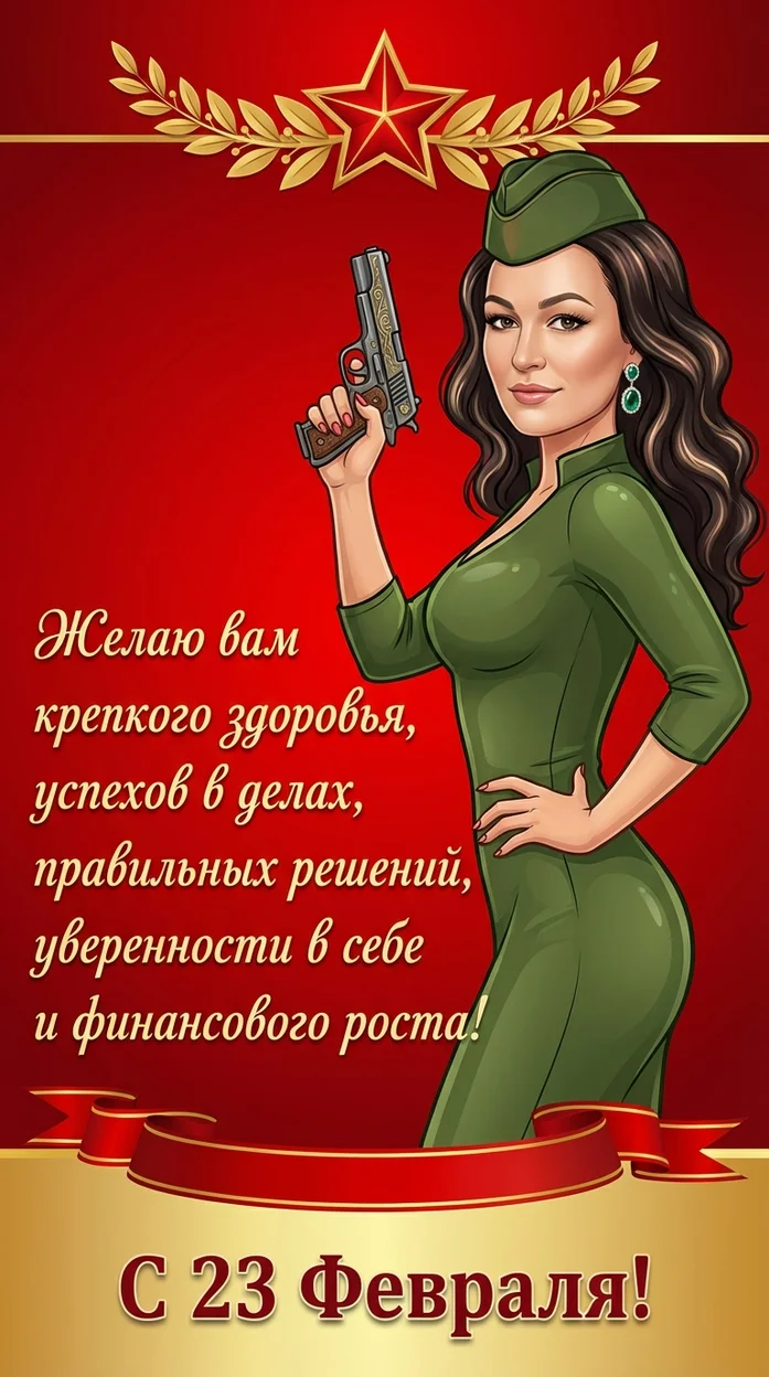 Изображение в стиле яркой векторной праздничной открытки / глянцевой иллюстрации пин-ап.  23 февраля