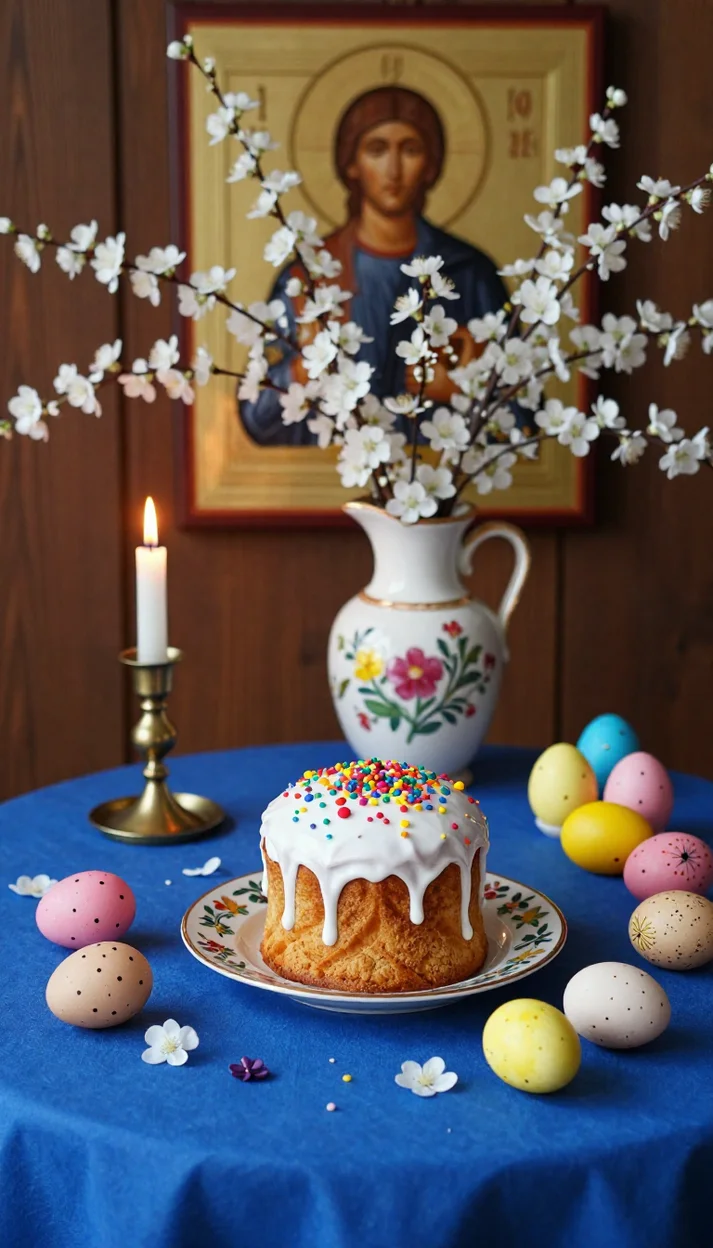 Пасхальный стол с куличом