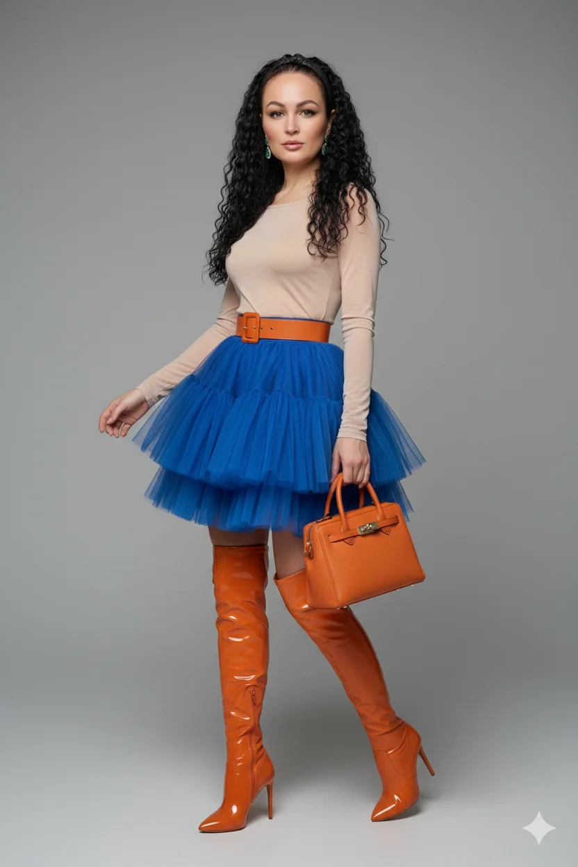 Женщина в голубой юбке и оранжевых ботфортах идёт фронтально