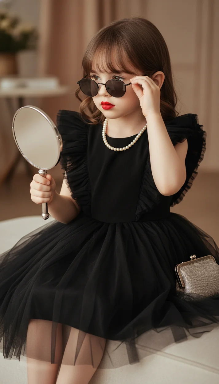 Модный портрет ребёнка в чёрном платье с очками и зеркалом